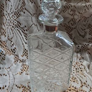 Vintage Art Glass Diamond Pattern Liquor Bottle Decanter With Cork/Glass Stopper